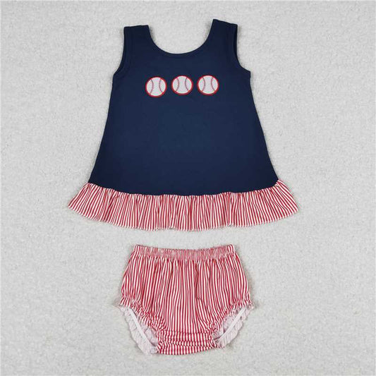 RTS NO MOQ Baby Girls Summer Outifts GBO0209 Navy Sleeveless Baseball Tunic Bummies Clothes Sets