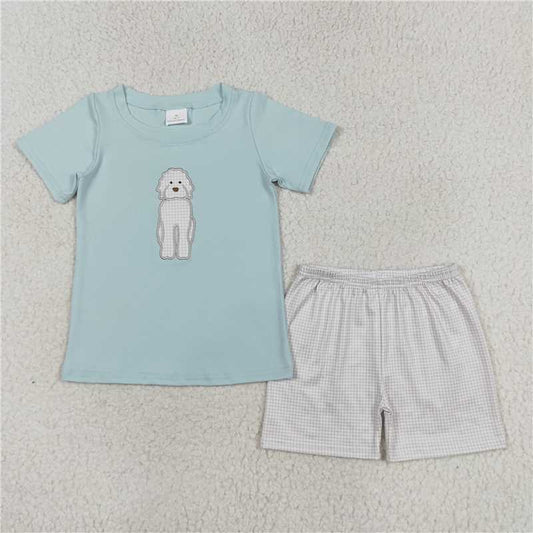 RTS NO MOQ Baby Boys kids Summer Sets BSSO0593 Embroidered Puppy Blue Short Sleeve Plaid Shorts Set