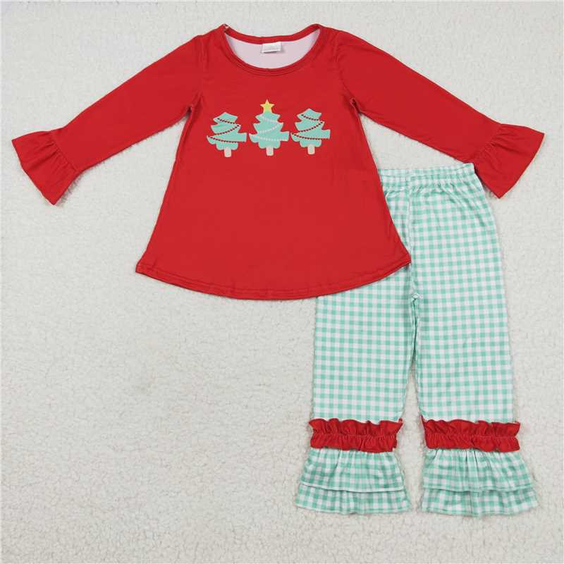 GLP1331 Baby Girls Christmas Tree Tunic Ruffle Pants Clothes Sets