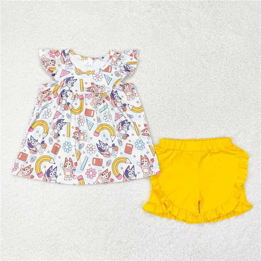 GSSO1246 Baby Girls Dogs Back To School Flutter Sleeve Tunic Top Shorts Clothes Sets