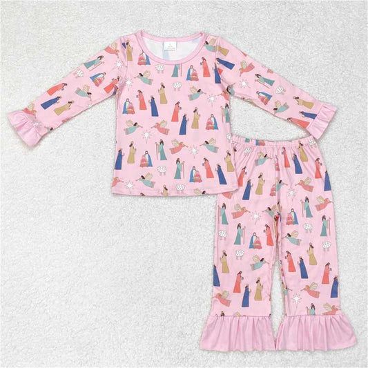 GLP1278 Baby Girls Christmas Pink Nativity Shirt Top Ruffle Pants Pajamas Clothes Sets