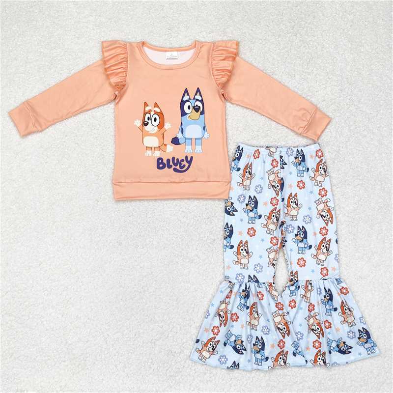 GLP1363 Baby Girls Orange Dog Long Sleeve Top Bell Pants Clothes Sets