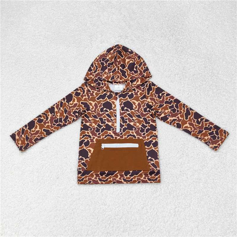 BT0746 Baby Boys Brown Camo Hooded Zip Fall Pullovers Tops