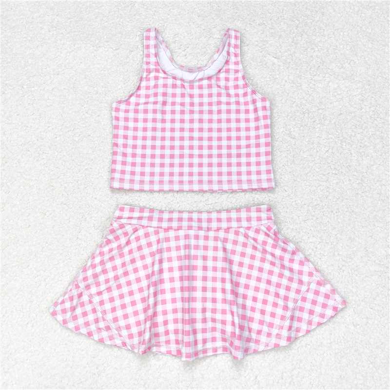 GSD0992 Baby Girls Summer Pink Checkered Top Skirts Clothes Sets