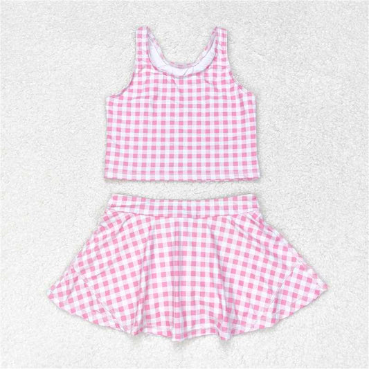 GSD0992 Baby Girls Summer Pink Checkered Top Skirts Clothes Sets