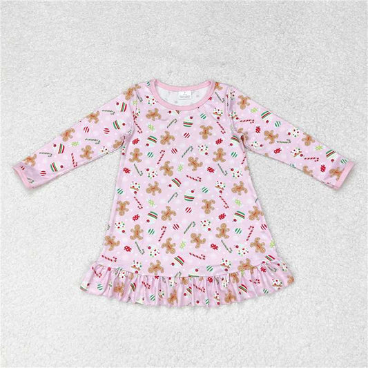 RTS NO MOQ Baby Girls Long Sleeve GLD0550 Christmas Gingerbread Candy Cane Knee Length Dresses