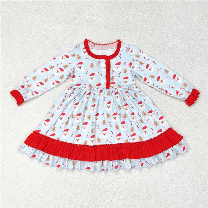 RTS NO MOQ Baby Girls Long Sleeve GLD0556 Christmas Santa Candy Cane Ruffle Knee Length Dresses