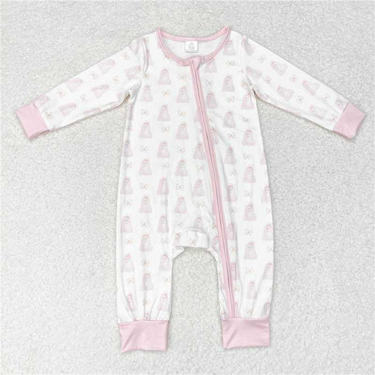 7.12 RTS NO MOQ Baby Girls Bodysuit LR1124 Halloween Pink Bows Ghost Zip Bamboo Rompers