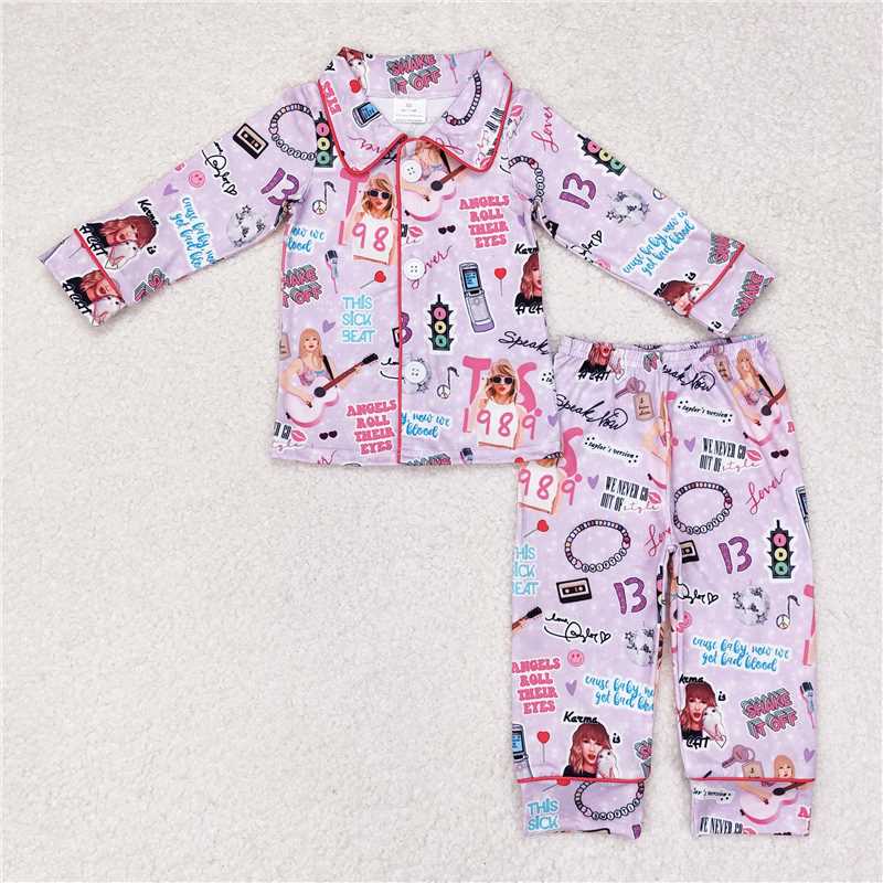 GLP1338 Baby Girls Singer Lavender Buttons Shirt Pants Pajamas Clothes Sets