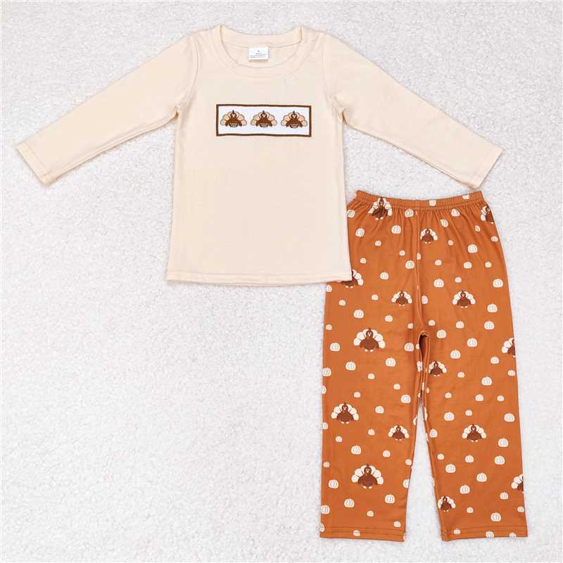 6.26 RTS NO MOQ Baby Boys Sets BLP0542 Thanksgiving Turkey Embroidery Top Pants Clothes Sets