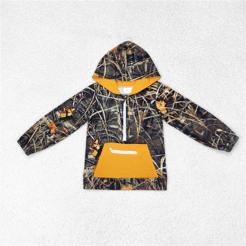 BT0755 Baby Boys Mustard Camo Hooded Zip Fall Pullovers Tops