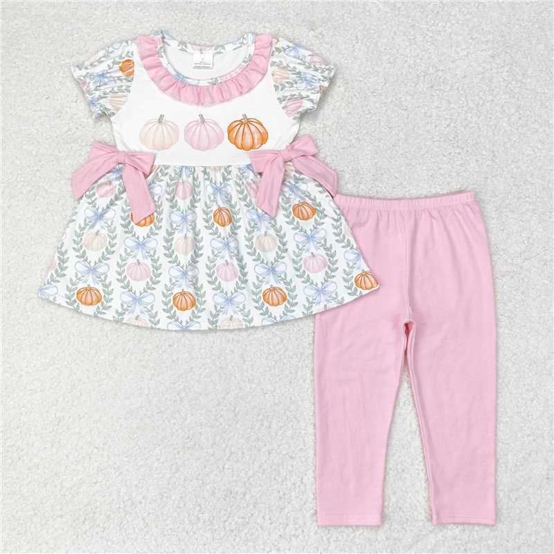 GSPO1601 Baby Girls Pumpkin Bows Leaves Tunic Legging Clothes Sets