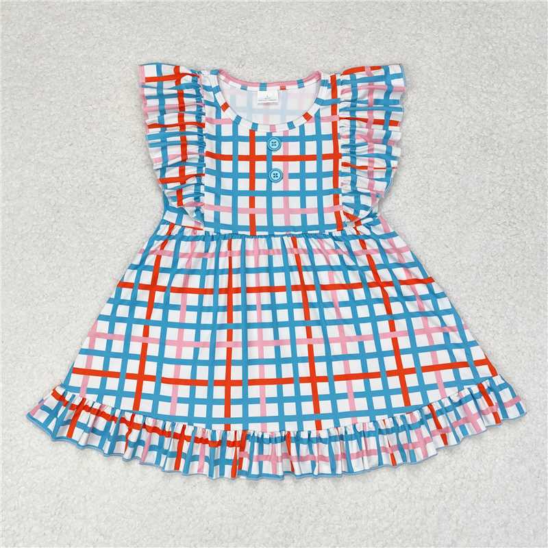 7.9 RTS NO MOQ Summer Baby Girls Dresses GSD1331 Green Checkered Ruffle Knee Length Dresses