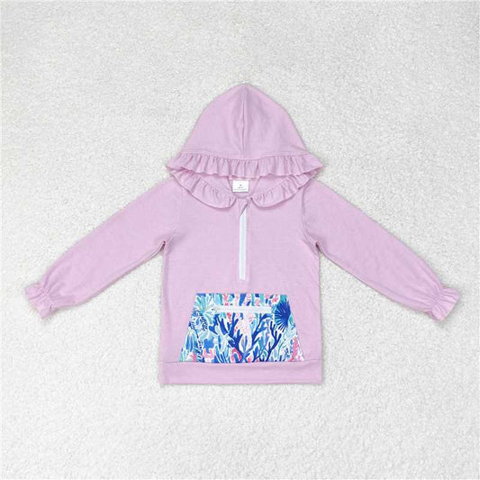 GT0625 Baby Girls Lavender Ruffle Hooded Sea Weed Pocket Long Sleeve Tops