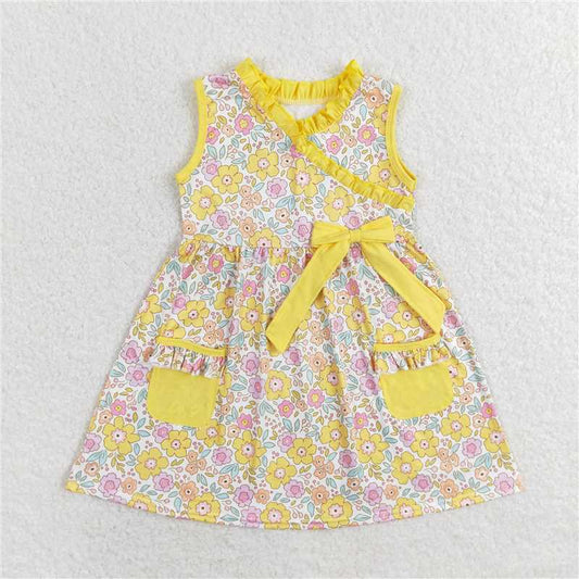 6.21 RTS NO MOQ Summer Baby Girls Dresses GSD1216 Yellow Small Flowers Bow Pockets Knee Length Dresses