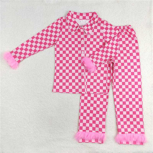 RTS NO MOQ Adult Women Long Sleeve GLP1265 Dark Pink Checkered Button Up Top Pants Fur Pajamas