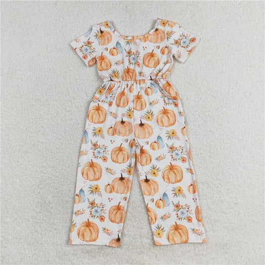 RTS NO MOQ Summer Baby Girls Bodysuit SR1880 Fall Pumpkin Flowers Short Sleeve Pants Jumpsuits