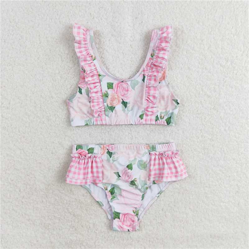 RTS NO MOQ Baby Girls Summer Sets S0318 Pink Flowers Top Ruffle Bottom Swimsuits