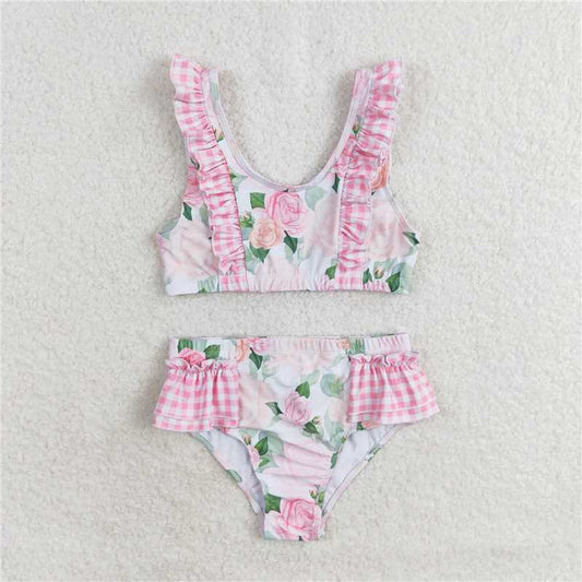 RTS NO MOQ Baby Girls Summer Sets S0318 Pink Flowers Top Ruffle Bottom Swimsuits
