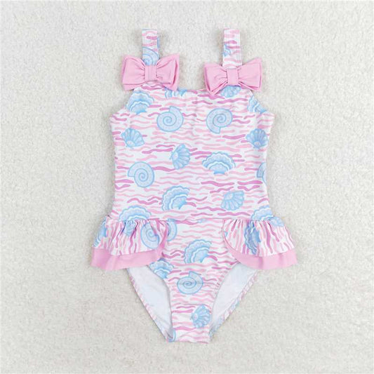 RTS NO MOQ Baby Girls Summer Bodysuit S0274 Pink Sea Shell Ruffle One Piece Bows Swimsuits