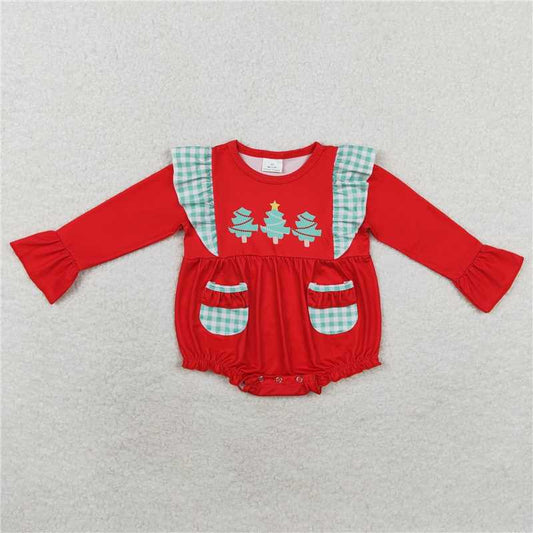 6.19 RTS NO MOQ Baby Girls Bodysuit LR1161 Christmas Tree Pockets Long Sleeve Rompers