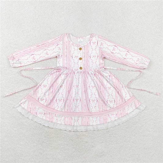 RTS NO MOQ Baby Girls Long Sleeve GLD0546 Pink Bows Ruffle Knee Length Dresses