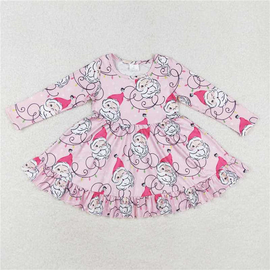 RTS NO MOQ Baby Girls Long Sleeve GLD0562 Pink Sants Lights Ruffle Knee Length Dresses