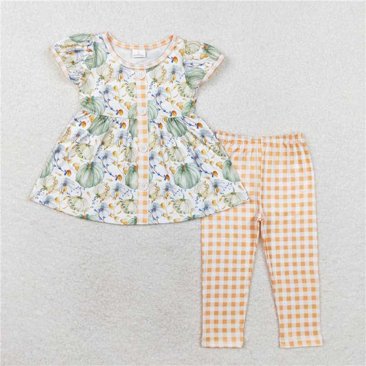 RTS NO MOQ Baby Girls Summer Kids Sets GSPO1554 Green Pumpkins Tunic Flowers Legging Clothes Sets