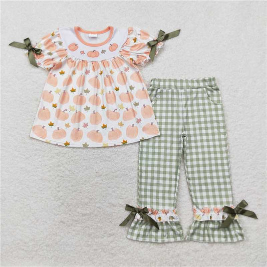 RTS NO MOQ Baby Girls Summer Kids Sets GSPO1640 Orange Pumpkins Tunic Ruffle Pants Outfits Clothes Sets