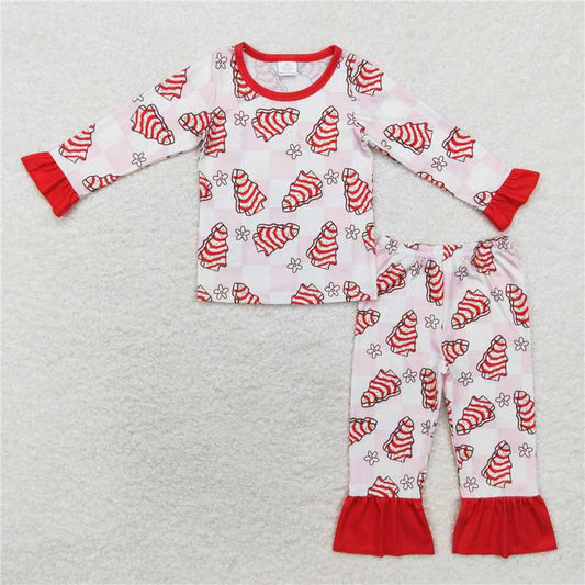 GLP1397 Baby Girls Christmas Cake Checkered Top Pants Bamboo Pajamas Clothes Sets