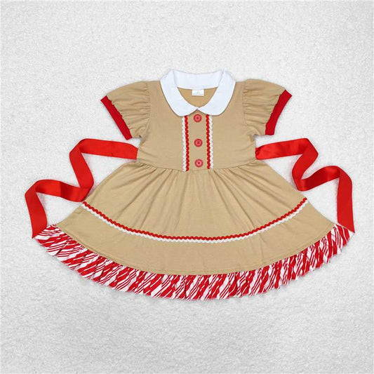 6.21 RTS NO MOQ Summer Baby Girls Dresses GSD1389 Christmas Gingerbread Bow Knee Length Dresses