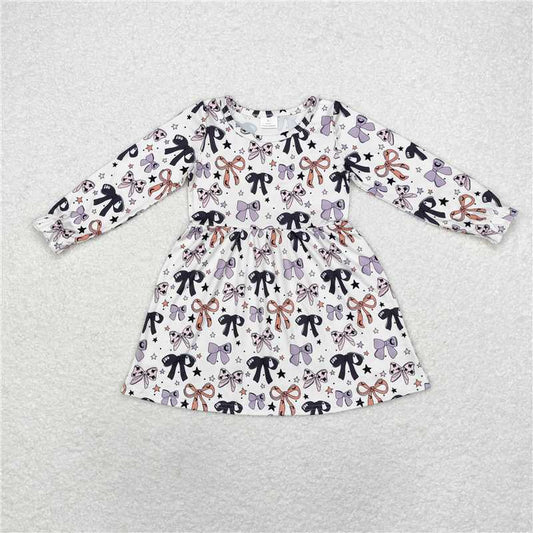 GLD0738 Baby Girls Halloween Orange Bows Long Sleeve Knee Length Dresses