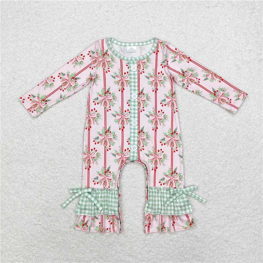 5.14 RTS NO MOQ Baby Girls Bodysuit LR1544 Christmas Holly Pink Bows Long Sleeve Rompers