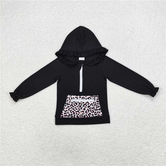 RTS NO MOQ Baby Girls Long Sleeve GT0624 Black Ruffle Hooded Leopard Pocket Tops