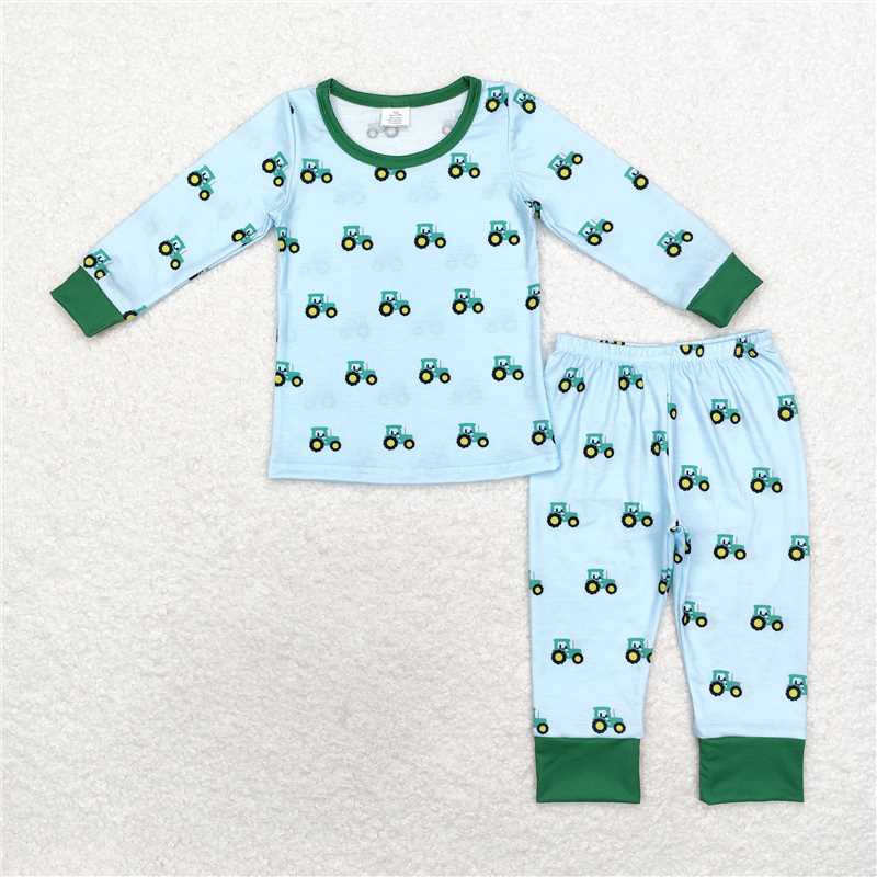 BLP0607 Baby Boys Green Tractors Bamboo  Pajamas Clothes Sets