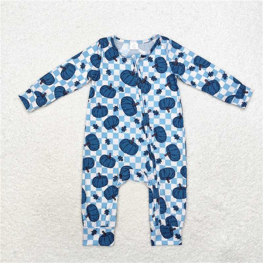 6.4 RTS NO MOQ Baby Boys Bodysuit LR1457 Blue Checkered Pumpkins Bamboo Zip Rompers