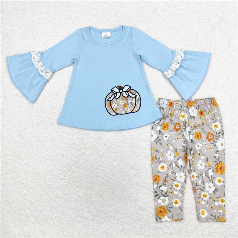 GLP1639 Baby Girls Blue Pumpkin Tunic Floral Legging Outfits Clothes Sets