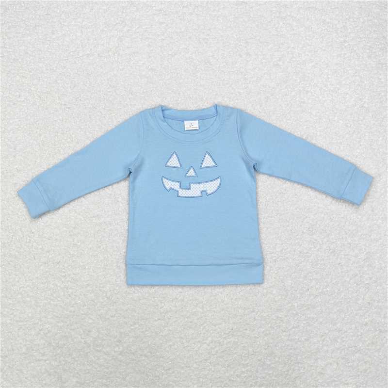 RTS NO MOQ Baby Boys Long Sleeve BT0832 Halloween Light Blue Pumpkin Tee Shirts Tops
