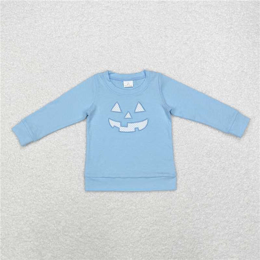 RTS NO MOQ Baby Boys Long Sleeve BT0832 Halloween Light Blue Pumpkin Tee Shirts Tops