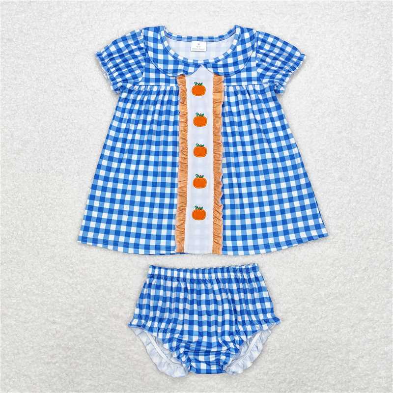 RTS NO MOQ Baby Girls Summer Outifts GBO0431 Blue Checkered Pumpkins Tunic Bummie Clothes Sets