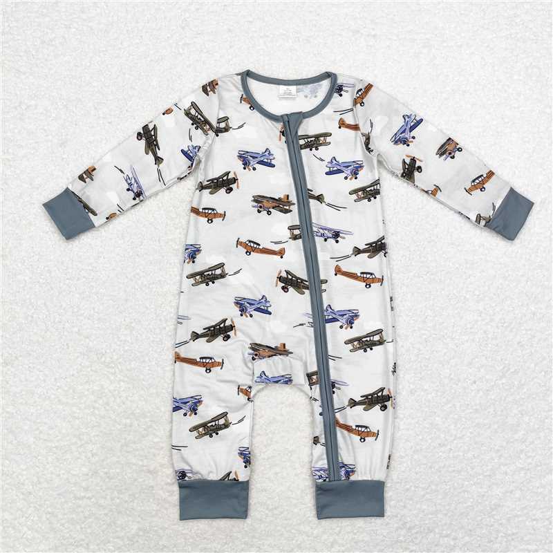 6.4 RTS NO MOQ Baby Boys Bodysuit LR1326 Long Sleeve Planes Bamboo Zip Rompers