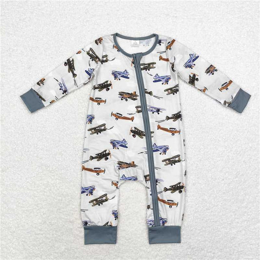 6.4 RTS NO MOQ Baby Boys Bodysuit LR1326 Long Sleeve Planes Bamboo Zip Rompers