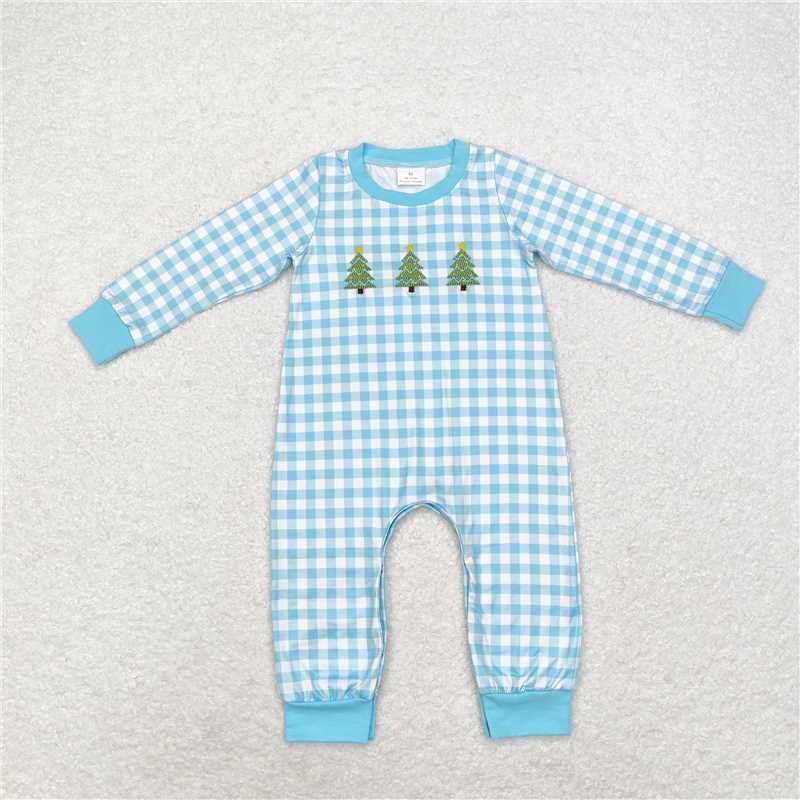 5.14 RTS NO MOQ Baby Boys Bodysuit LR1366 Christmas Tree Light Blue Checkered Rompers