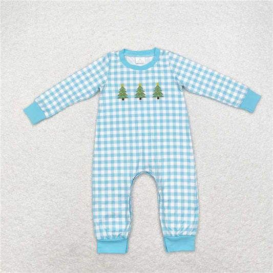 5.14 RTS NO MOQ Baby Boys Bodysuit LR1366 Christmas Tree Light Blue Checkered Rompers