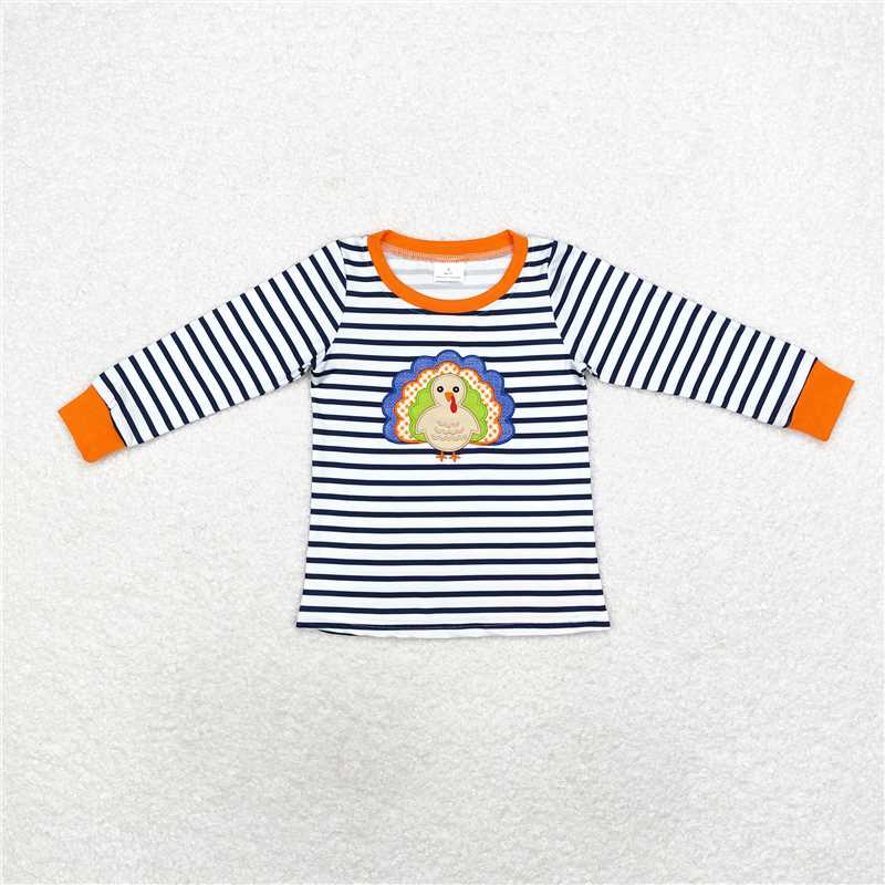 RTS NO MOQ Baby Boys Long Sleeve BT0818 Black Stripes Thanksgiving Turkey Tee Shirts Tops