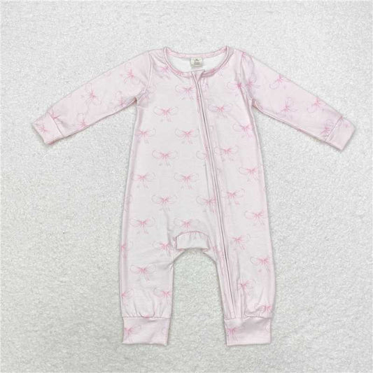 6.19 RTS NO MOQ Baby Girls Bodysuit LR1579 Pink Bows Long Sleeve Zip Rompers