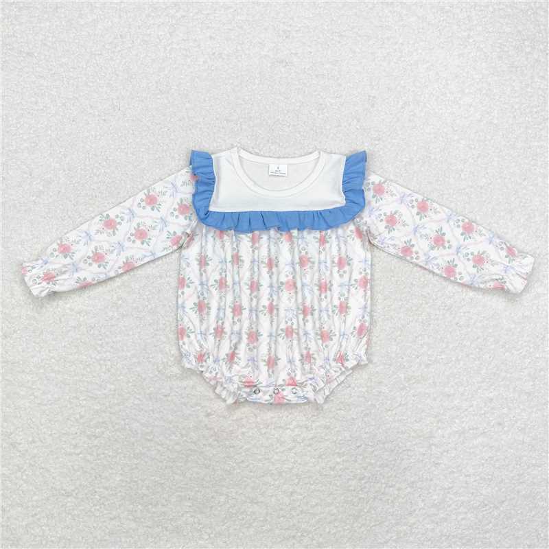 5.14 RTS NO MOQ Baby Girls Bodysuit LR1412 Light blue Bows Flowers Long Sleeve Rompers