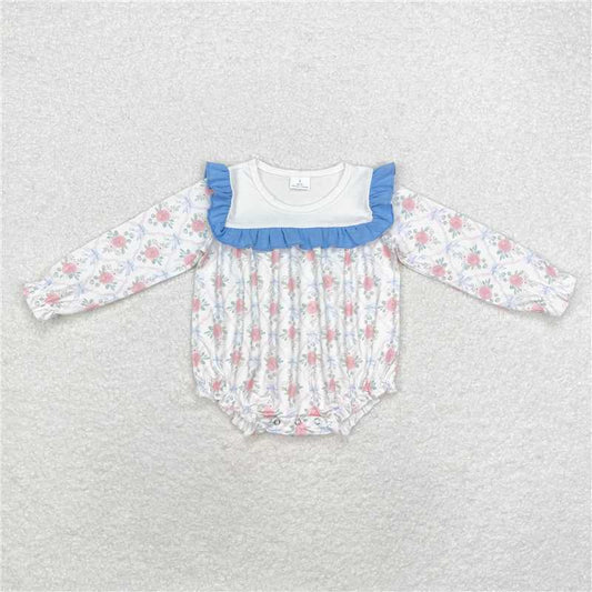 5.14 RTS NO MOQ Baby Girls Bodysuit LR1412 Light blue Bows Flowers Long Sleeve Rompers