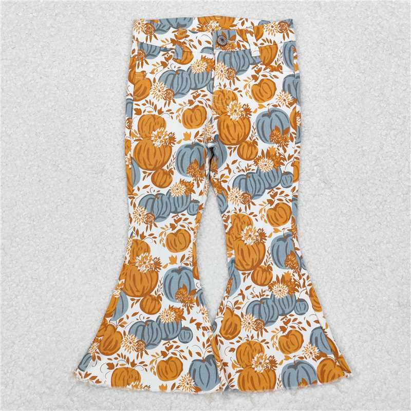 P0487 Baby Girls Fall Pumpkin Flowers Denim Pants Jeans