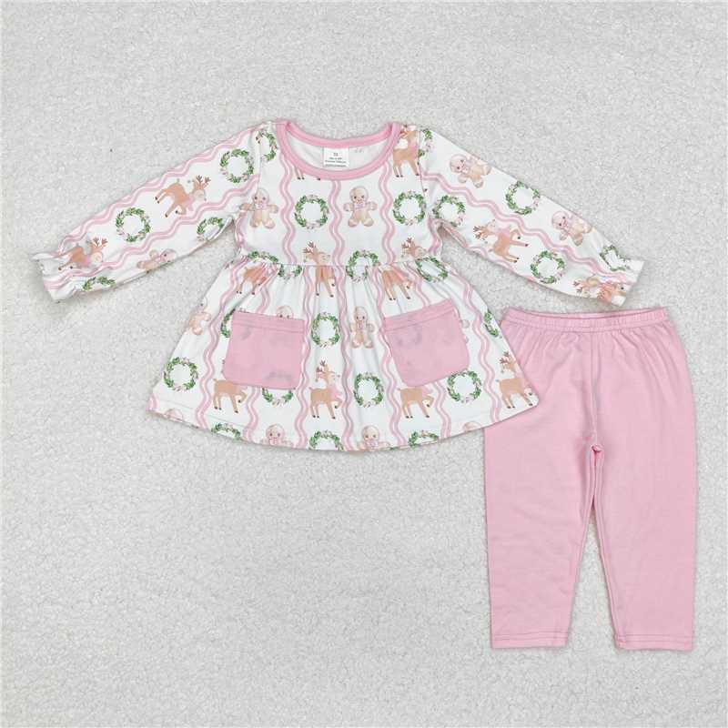 GLP1629 Baby Girls Christmas Deers Gingerbread Tunic Legging Clothes Sets